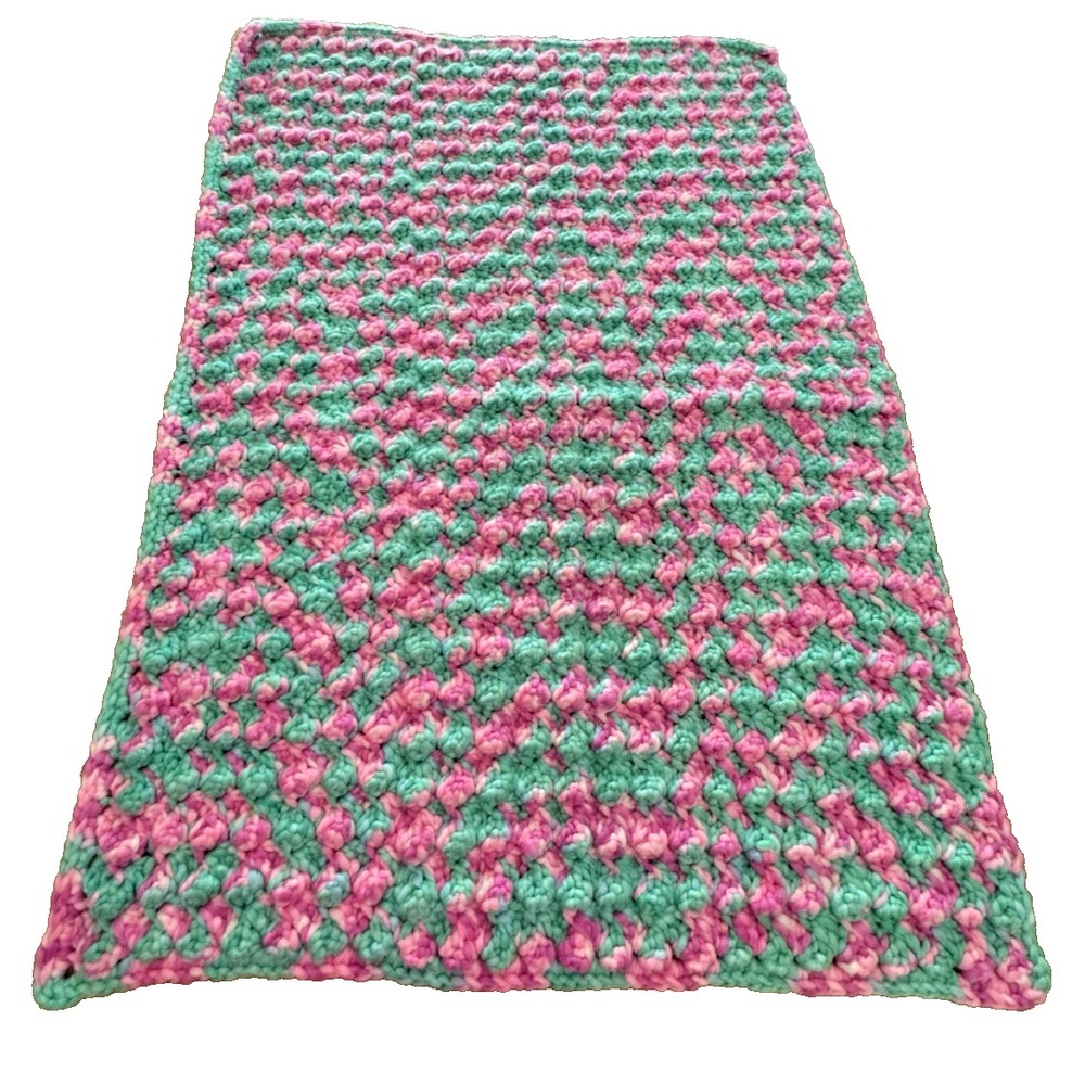 Handmade Chunky Crochet Blanket Pink Mint & Lavander Puff Stitch Throw 47x32 - Picture 2 of 7